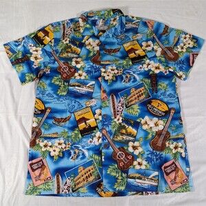 Vtg High Surf Men's Blue Hawaiian Shirt Diamond Head Ukulele Ku Tiki God Size XL